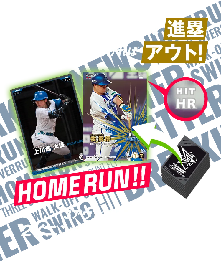 打撃力分、山札をオープン！ 「ヒットアイコン」が出れば進塁 でなければアウト！ 3アウトで攻守交代！2イニングを戦い、スコアを競え!!